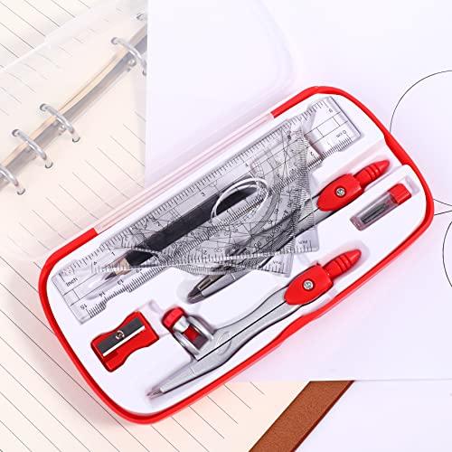 Vobou Math Geometry Kit Sets 10 Piece Student Supplies with Shatterproof Storage Box,Includes Rulers,Protractor,Compass,Eraser,Pencil Sharpener,Lead Refills,Pencil,for Drafting and Drawings（Red） - color: Red