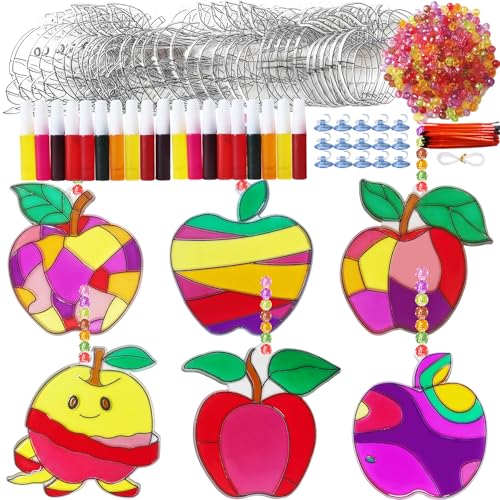 Ayhuhra 30 Sets Apple Suncatche Craft Kits Blank Back to School Sun Catcher DIY Window Paint Art Sets for First Day of School Supplies Home Party Activities Art Project - style: Apple