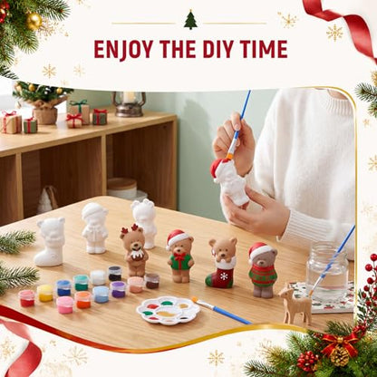 Soulchen 17 Pcs Paint Your Own Christmas Bear Ceramic Paint Craft Set Include 12 Unpainted Ceramic Bears 2 Strips of Paints with 2 Brushes 1 Palette Toys Gift for Birthday Christmas - style: Christmas Bear