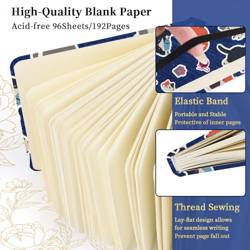 Square 4.8x4.8 inches 80gsm 96sheets/192 Pages Notebooks Blank Sketchbooks Travel Journal Pocket Hardcover Paint Writing Diary Memo Planner Cloth Cover. Line Ball Cat - color: Cloth Cover-4.8x4.8in-Line Ball Cat