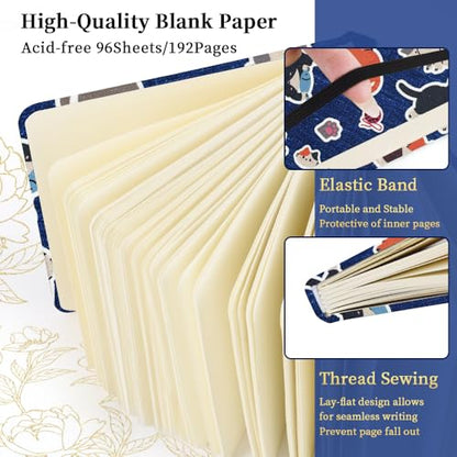 Square 4.8x4.8 inches 80gsm 96sheets/192 Pages Notebooks Blank Sketchbooks Travel Journal Pocket Hardcover Paint Writing Diary Memo Planner Cloth Cover. Line Ball Cat - color: Cloth Cover-4.8x4.8in-Line Ball Cat