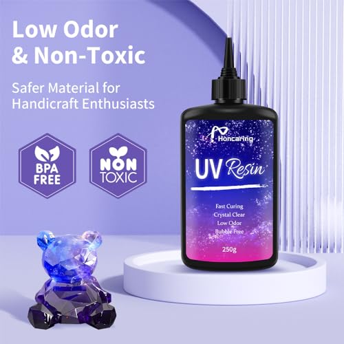 Honcaring UV Resin 500g, Clear Beginner-Friendly Kit with Silicone Tools, Upgraded Formula & Crystal Clear for Jewlery Making, Craft, 250g*2 Resin UV Kit for Earring, Pendant, DIY - size: 500g without uv light