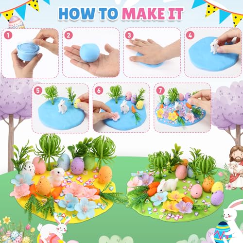 Tinlade 273 Pcs/24 Set Air Dry Clay Spring Crafts with Colorful Modeling Clay Resin Figurines Foam Eggs Flowers Grass Card Bag for Christian Party Favors Stuffers Goodie Bag Filler(Rabbit) - style: Rabbit