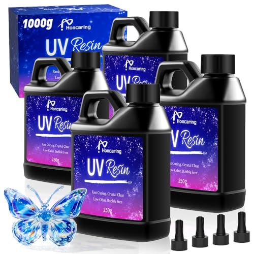 Honcaring UV Resin 1000g, Hard Type Clear Beginner-Friendly Kit, Upgraded Formula & Crystal Clear for Jewlery Making, Art Craft, 250g*4 Resin UV Kit for Earring, Pendant, DIY - size: 1000g without uv light
