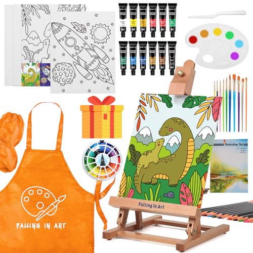 Falling in Art Tabletop Easel Set, Portable Wooden Art Easel Painting Kits for Kids, Easel for Painting Canvases, Including 12 Colors Acrylic Paints, 10 Paintbrushes and 4 Canvas Panels, Yellow - color: Yellow