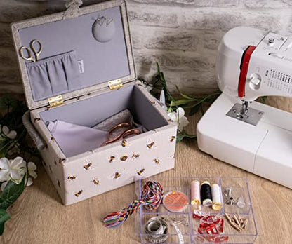 Hobby Gift Medium Sewing Box Organiser, Fabric Covered Storage Box with Handle, Internal Tray, Pin Cushion and Pocket for Sewing, Quilting and Knitting Supplies - color: Bee Happy