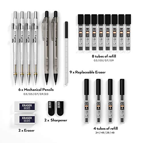 Nicpro 6PCS Art Mechanical Pencil Set, 4PCS Drafting Pencils 0.3 & 0.5 & 0.7 & 0.9 mm & 2PCS 2mm Lead Holder (4B 2B HB 2H) For Writing, Sketching Drawing With 12 Tube Lead Refills Erasers Case - style: 0.3 0.5 0.7 0.9 2.0