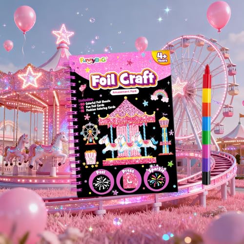 FUNNYB&G Foil Art Craft Kit for Girls 4-10 Years Old: Mess-Free & No-Glue, Create 16 Sparkly Amusement Park Pictures – Perfect Travel Toy & Birthday Gift for Kids （Amusement Park） - style: Amusement Park