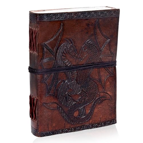 AzureGreen DOUBLE DRAGON Blank Page BOOK Handcrafted Leather Writing Unlined 5 x 7 JOURNAL (Brown) - color: Brown Leather