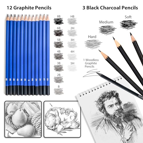 Smilo 76-Piece Professional Drawing Kit - Sketching Set with Graphite, Charcoal, Watercolor & Metallic Pencils, Art Knife, Sandpaper Block, Woodless Pencil in Travel Case for Adults & Beginners - style: 76pcs Art Supplies