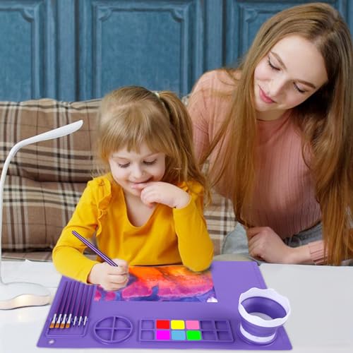 DIYDEC Silicone Art Mat 20x16 Inch - Large Silicone Painting Mat with Detachable Cup, 10 Painting Brushes, 5 Sponge Brushes - Kids & Adult DIY Accessories (Purple) - color: Purple
