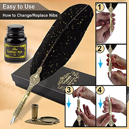 Quill Pen and Ink Set with Wax Seal Stamp - Black Feather Calligraphy Set for Beginners, Antique Dip Pen with 18 Nibs & Stand, Gift Boxed - color: BlackFeather