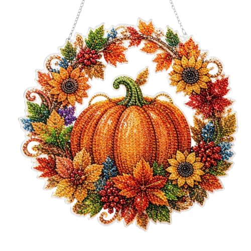 Autumn Harvest Pumpkin Diamond Art Hanging Ornament Kit, DIY Fall Pumpkin Craft with Sunflowers, DIY Diamond Painting Kit – Acrylic Hanging Display, Complete DIY Set with Accessories (1pcs) - color: 1pcs