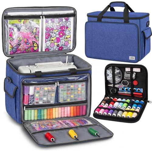 JJRING Sewing Machine Carrying Case, Portable Sewing Machine Bag with Shoulder Strap, Heavy Duty Sewing Machine Tote Suitable for Standard Sewing Machines With 29pc Sewing Set, Blue - color: Blue, size: Large