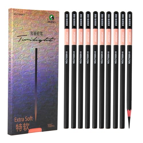 Marie's Charcoal Pencils for Drawing, 10 Pieces, Extra Hard Hard Medium Soft Extra Soft, Sketching Pencils for Artists, Smooth Charcoal Core for Layering, Blending and Detailed Artwork(Extra Soft) - style: Extra Soft (10pcs)
