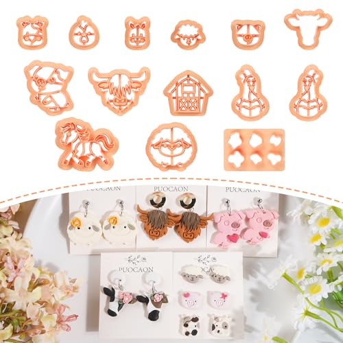 Puocaon Farm Animal Clay Cutters - 14 Pcs Cute Animal Clay Cutters for Polymer Clay Jewelry, Highland Cow Print Pig Clay Earring Cutters, Mini Stud Earring Sheep Chicken Polymer Cutter