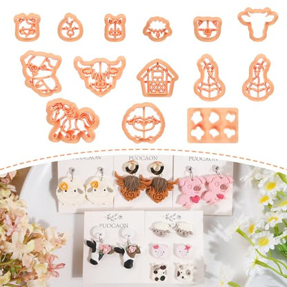 Puocaon Farm Animal Clay Cutters - 14 Pcs Cute Animal Clay Cutters for Polymer Clay Jewelry, Highland Cow Print Pig Clay Earring Cutters, Mini Stud Earring Sheep Chicken Polymer Cutter