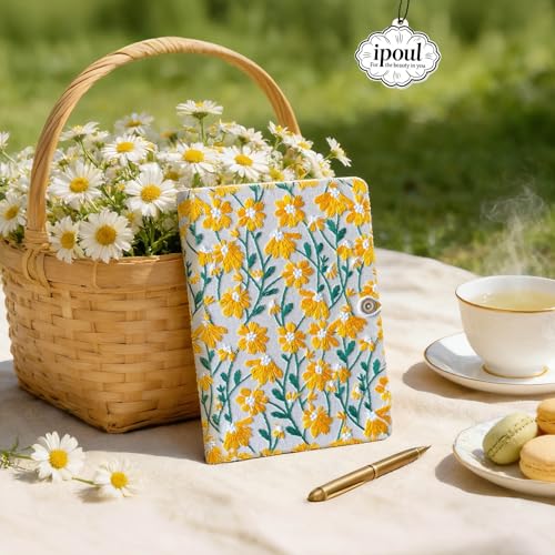 Daisy Gift, Flower Journal, Embroidered Notebook, Beautiful Journals for Women, Notebook 8"x6", Hardcover, Lay Flat, A5 Sketchbook, Unlined Notebook, Writing Journal, Yellow Daisy - color: A5-Button-Yellow, style: Plain