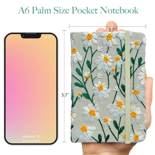 Pocket Journal, Small Notebook, A6 Sketchbook, 4x6, Unlined, Flower Embroidered Notebook, Blank, Hardcover, Lay Flat, Elastic Band, Beautiful Journal, Daisy Gifts for Women, White Daisy - color: A6-Band-White, style: Minimalist