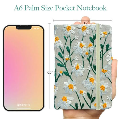 Pocket Journal, Small Notebook, A6 Sketchbook, 4x6, Unlined, Flower Embroidered Notebook, Blank, Hardcover, Lay Flat, Elastic Band, Beautiful Journal, Daisy Gifts for Women, White Daisy - color: A6-Band-White, style: Minimalist