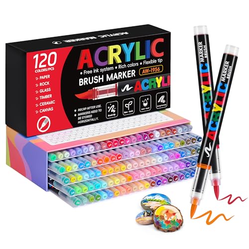Tongfushop 120 Colors Acrylic Paint Markers, Water-Based Paint Pens with Auto Ink Control & Brush Tip - No Bleed on Rock Painting, Canvas, Wood, Ceramic, Glass - Adult & DIY Art Supplies