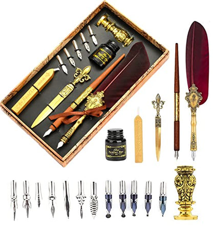 Joyeee Quill and Ink Set with Wax Seal, Golden Wax Stamp for Letter Sealing, Calligraphy Wooden Drawing Pen, 17 Calligraphy Nibs, Metal Letter Opener, Black Ink Bottle and Gift box, Wine Red - color: #113 Wine red
