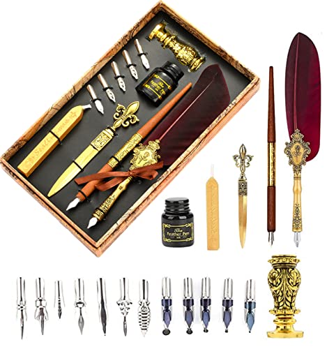 Joyeee Quill and Ink Set with Wax Seal, Golden Wax Stamp for Letter Sealing, Calligraphy Wooden Drawing Pen, 17 Calligraphy Nibs, Metal Letter Opener, Black Ink Bottle and Gift box, Wine Red - color: #113 Wine red