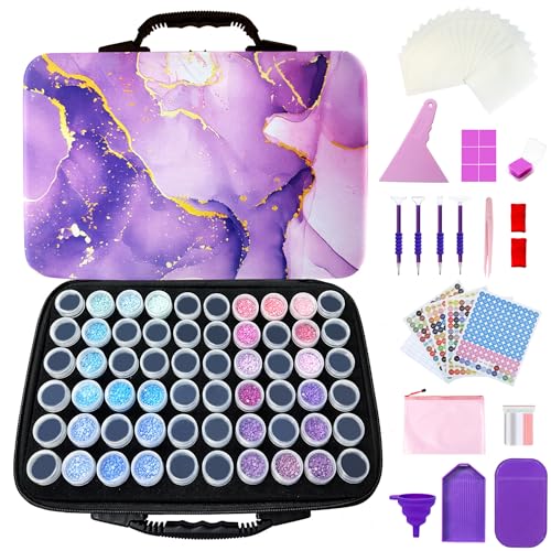 Muzagroo Art Diamond Painting Storage Containers Diamond Art Storage Case with Accessories and Tools Portable Shockproof 60 Slots Organizer Case for Diamond Painting Kits Standard Set (Purple) - color: Purple-Standard Set, size: 60 Jars