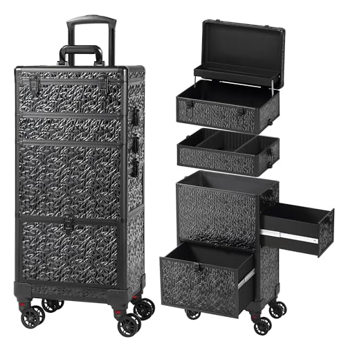 Rolling Makeup Case with Large Drawer, Makeup Train Case with Tray, Cosmetology Case on Wheels, Travel Makeup Case Organizers, Professional for Salon Barber, Nail, Tattoo, Black - color: Black, style: No Mirror