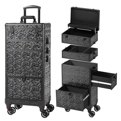 Rolling Makeup Case with Large Drawer, Makeup Train Case with Tray, Cosmetology Case on Wheels, Travel Makeup Case Organizers, Professional for Salon Barber, Nail, Tattoo, Black - color: Black, style: No Mirror