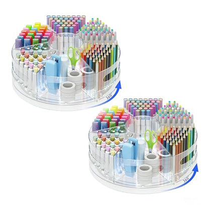 CraftGenes 2 Packs Pen Organizer for Desk - Acrylic Pen Holder with Hand Grips, 360° Extra Large Rotating Desk Organizer with 7 Removable Compartments for Office, Home, and Makeup Storage - size: 2 Packs