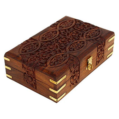 Ajuny Handcarved Treasure Chest Wooden Decorative Jewelry Storage Box Eye Floral Design Multipupose Small Memory Keepsake Box Pretty Gift Box Wood Trinket Boxes - 8X5 Inch