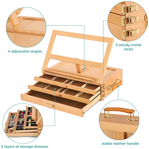 VISWIN Large Tabletop Easel with 3 Storage Drawers, Adjustable Beech Wood Table Top Easel for Painting, Portable Sketch Box for Art Supplies, Desktop Travel Art Easel for Adults, Artists, Students - size: With 3 drawers