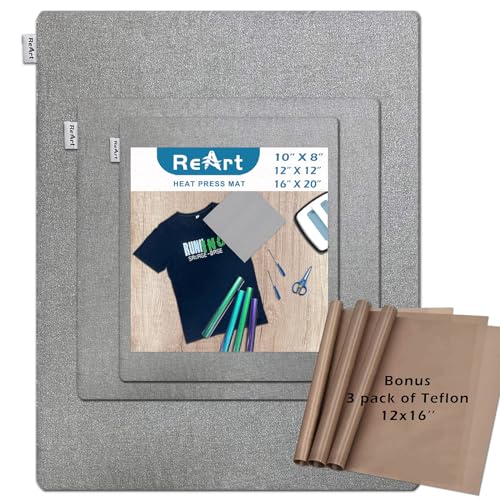 ReArt 3 Pcs Heat Press Mat 10" x 8" / 12" x 12" / 16" x 20" with 3 Pcs Teflon 12" x 16" for Cricut Easypress Both Sides Applicable - Cricket Craft Vinyl Ironing Insulation Transfer Heating Mats - size: 8" x 10" / 12" x 12" / 16" x 20"