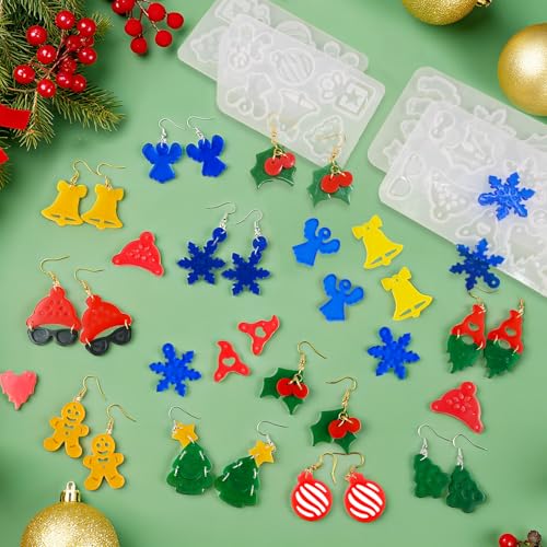 ZQYSING 68 Pcs Christmas Resin Earring Molds Kit, Various Shapes Christmas Silicone Mold with Hooks Rings for DIY Making Jewelry Earring Pendant Keychain - color: 68 Pcs Jewelry Making Kit