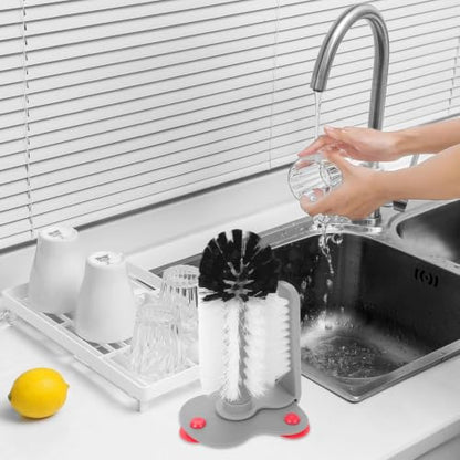 360° Glass Cup Cleaning Brush, Water Bottle Cleaning Glass Washer Cup Sink Washer Brush with Suction Base Bristle Brushfor Sink, Flexible Bristles Double Sided Glass Cup Cleaning Brush (Black+White)