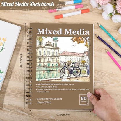 4 Pack Mixed Media Sketchbook, 9x12 inches Drawing Paper Sketch Book, 98lb/160gsm Heavyweight Spiral Bound Sketch Pads, Suitable for Arist, Drawing, Painting, Sketching(200 Sheets) - color: landscape, size: 9 x 12 inch (4 pack)