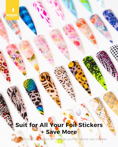 BURANO Nail Art Nail Foil Glue Gel, o.5 oz with 10PCS Foil Stickers Set Nail Foil Glue for Nails Foil Transfer Gel, Nail Design DIY UV LED Lamp Required (Fire 21) - color: Fire 21