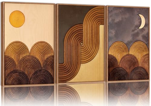 Tinonedraw Mid Century Modern Framed Canvas Wall Art Set, Boho Minimalist Geometric Wall Decor, Bohemian Sun and Moon Art Paintings, Beige Brown Wooden Artwork for Living Room Bedroom Office 24"x36"x3 - color: Sun and Moon, size: 36"L x 24"W