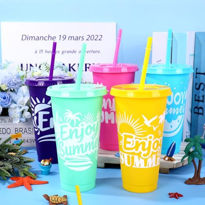 JarThenaAMCS 24 Pcs Summer Plastic Cups with Straw Lid 24 oz Cold Cups 6 Design Colorful Beach Party Plastic Tumbler for Summer Pool Party Home Office Supplies