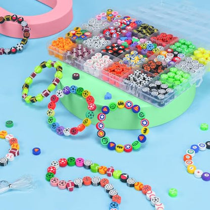 Gionlion Sports Polymer Clay Beads Bracelet Making Kit, Clay Beads with Basketball, Soccer, Baseball, and Football Designs for DIY Jewelry & Craft Projects - style: Ball