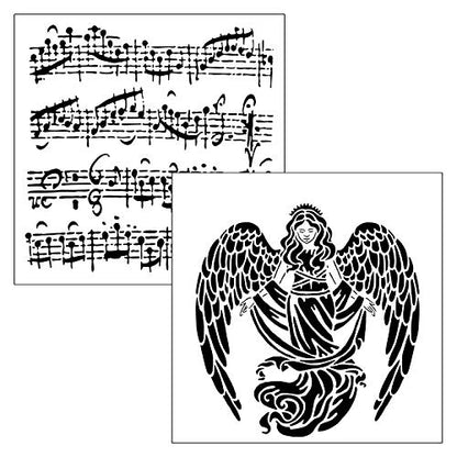 The Crafter’s Workshop - Reusable Sheet Music and Angel Stencil for Painting and Crafts – Inspirational Holiday or Spiritual Projects – 2 Pk, 6" x 6" – Sheet Music/Prayerful Angel - style: Sheet Music / Prayerful Angel