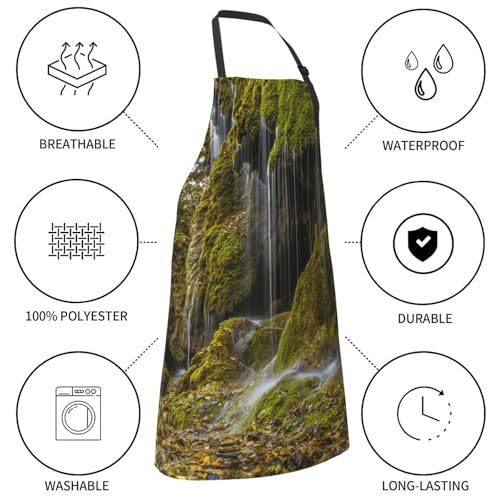 Waterfall On Mountain Waterproof Apron With Pockets For Adults-Adjustable Bib Apron For Cooking, Gardening, Painting,Housework