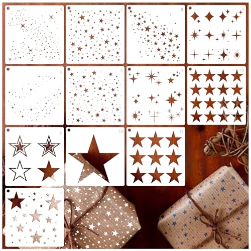 12 Pieces Sparkle Star Stencil Stars Background Craft Stencils Mixed Media Stencils for Painting on DIY Card Making Scrapbook Paper Fabric Pillows (12 Star) - style: 12 Star