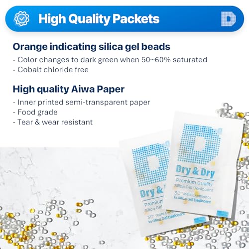 Dry & Dry 5 Gram [60 Packets] Orange Indicating Silica Gel Packets Desiccants Silica Packets - Rechargeable Moisture Absorbers for Food Storage, Electronics, 3D Filament & Safes - size: 5 Gram
