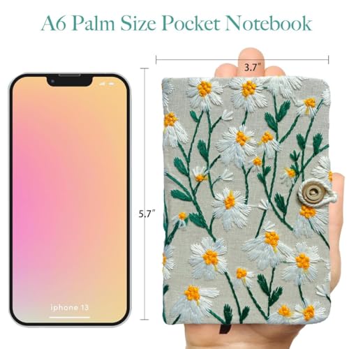 Pocket Journal, Small Notebook, A6 Sketchbook, 4x6 Notebook Unlined, Flower Embroidered Notebook, Blank, Hardcover, Lay Flat, Beautiful Journal, Daisy Gifts for Women, White Daisy - color: A6-button-white, style: Plain