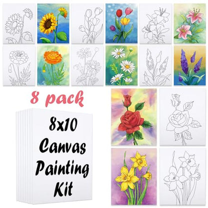 8 Pack Paint and Sip Kit for Adults, Flower Theme Pre Drawn Canvas to Paint Stretched Outline Canvas Art Painting Set Lady Night Party Favor Supplies Gift(8x10) - size: 8x10, style: Floral, without Frame