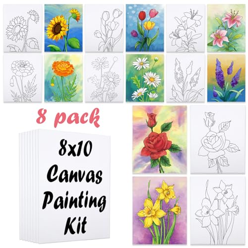 8 Pack Paint and Sip Kit for Adults, Flower Theme Pre Drawn Canvas to Paint Stretched Outline Canvas Art Painting Set Lady Night Party Favor Supplies Gift(8x10) - size: 8x10, style: Floral, without Frame