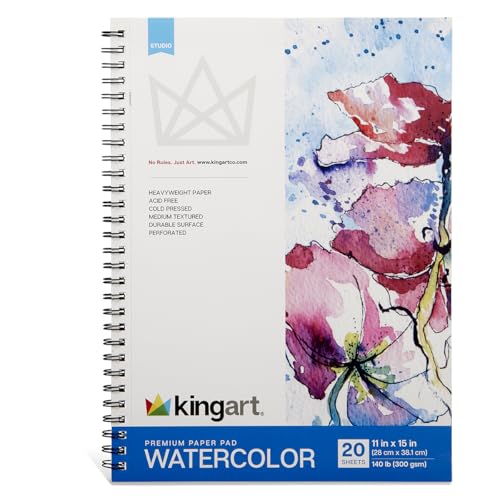 KINGART Cold-Pressed Watercolor Paper Pad – 11x15 Inch, 1-Pack – 20 Sheets, Perforated Side Spiral-Bound Heavyweight Art Pad for Wet Media Painting