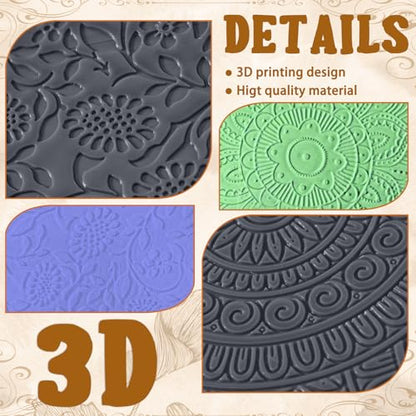 4Pcs Polymer Clay Texture Sheets with 100Earring Hooks,100Open Jump Rings,100Silicone Earring Backs Clay Texture Mat Floral Boho Clay Texture Stamps Tools for Earrings Jewelry Making DIY Crafts